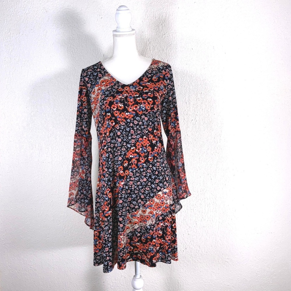 Floral V-Neck Bell Sleeve Mini Dress with Back Tie Navy Orange XS